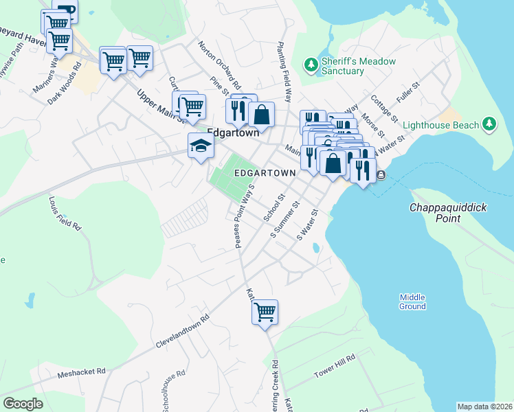 map of restaurants, bars, coffee shops, grocery stores, and more near 12 Norton Street in Edgartown