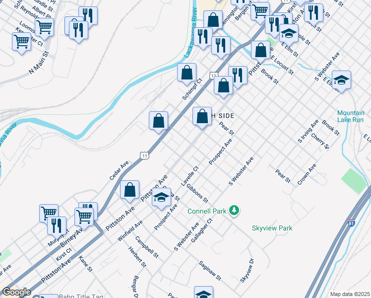 map of restaurants, bars, coffee shops, grocery stores, and more near 1908 Pittston Avenue in Scranton