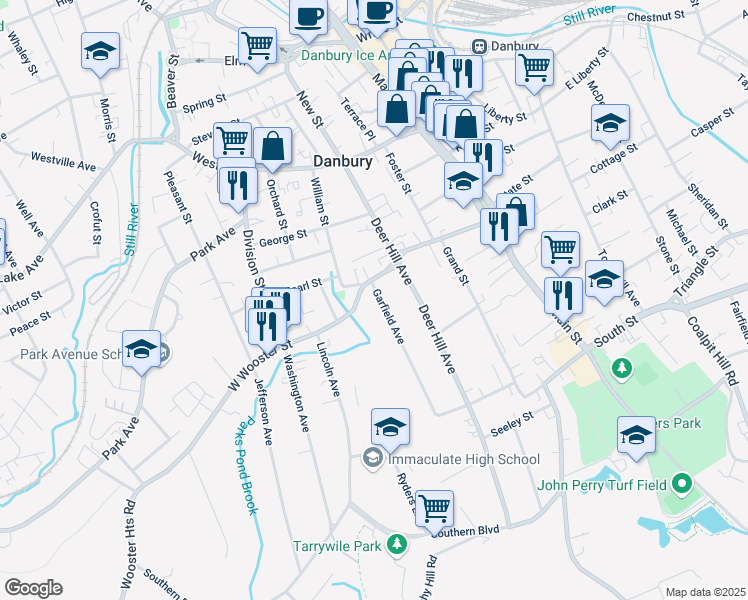 map of restaurants, bars, coffee shops, grocery stores, and more near 100 Garfield Avenue in Danbury