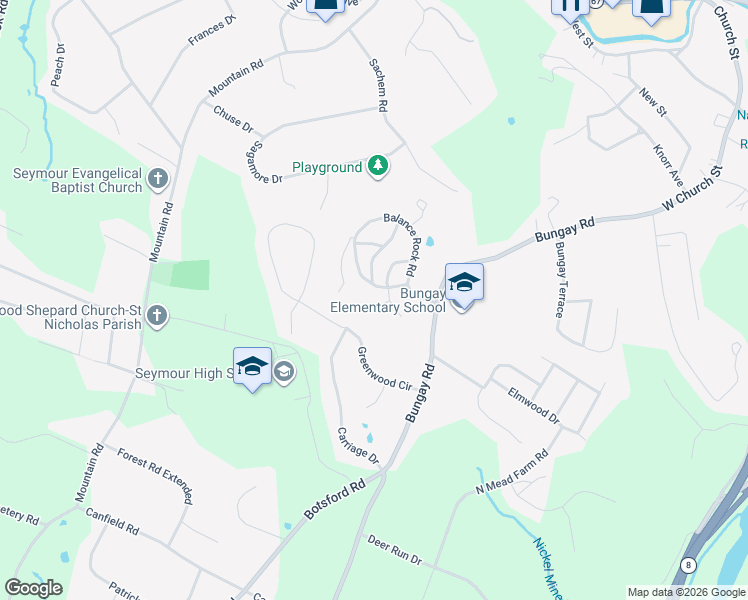 map of restaurants, bars, coffee shops, grocery stores, and more near 29 Balance Rock Road in Seymour