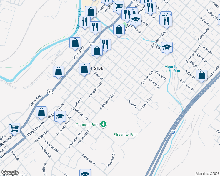 map of restaurants, bars, coffee shops, grocery stores, and more near 641 Pear Street in Scranton