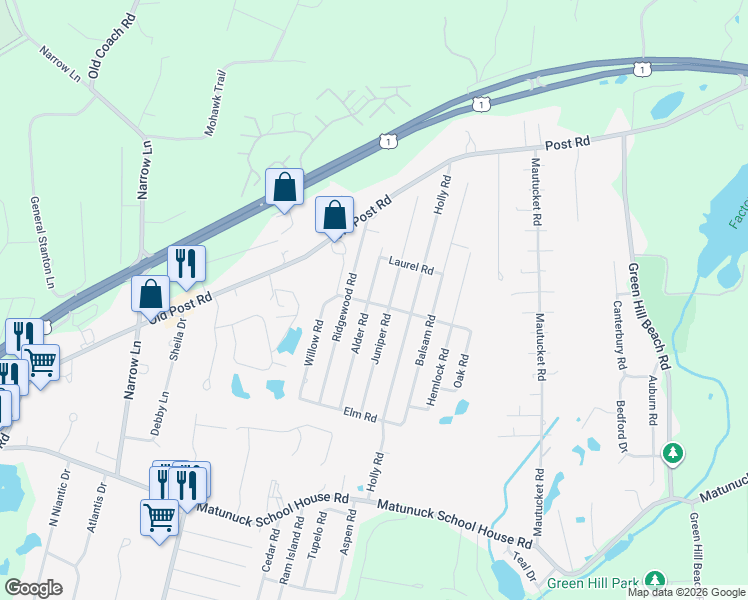 map of restaurants, bars, coffee shops, grocery stores, and more near 121 Birch Road in South Kingstown