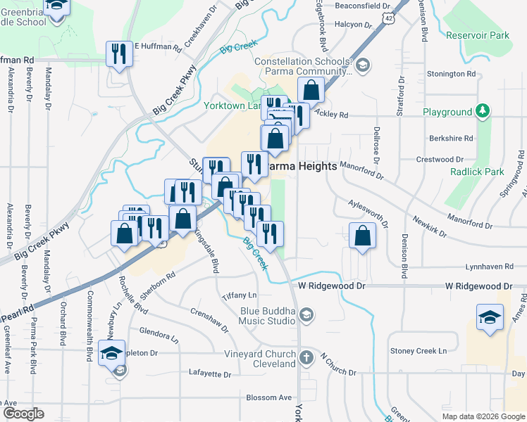 map of restaurants, bars, coffee shops, grocery stores, and more near 6363 York Road in Parma Heights