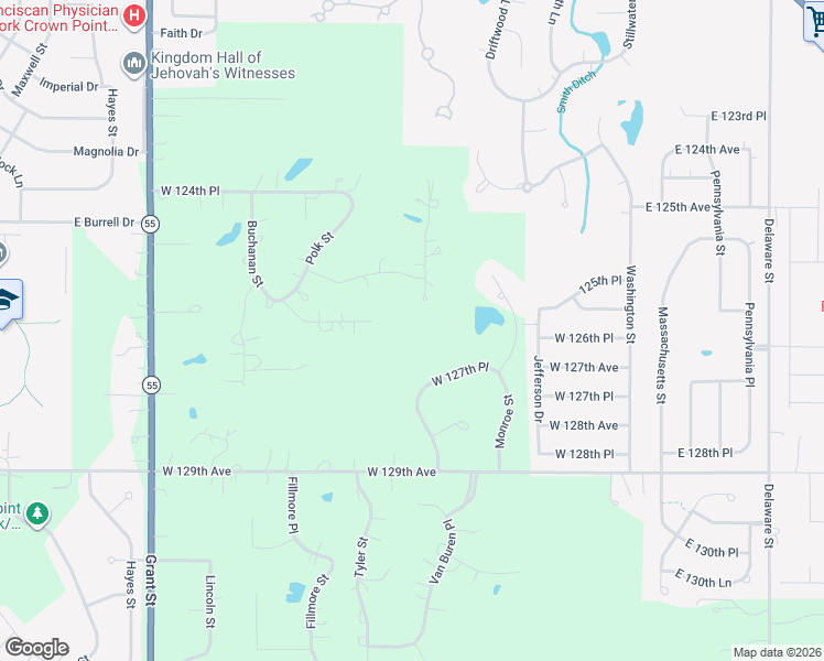 map of restaurants, bars, coffee shops, grocery stores, and more near 12649 Van Buren Street in Crown Point