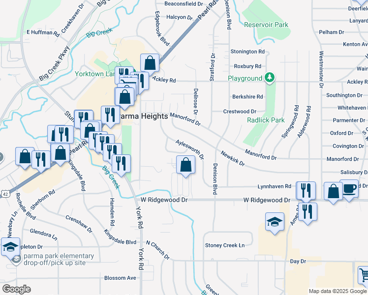 map of restaurants, bars, coffee shops, grocery stores, and more near 6470 Aylesworth Drive in Parma Heights
