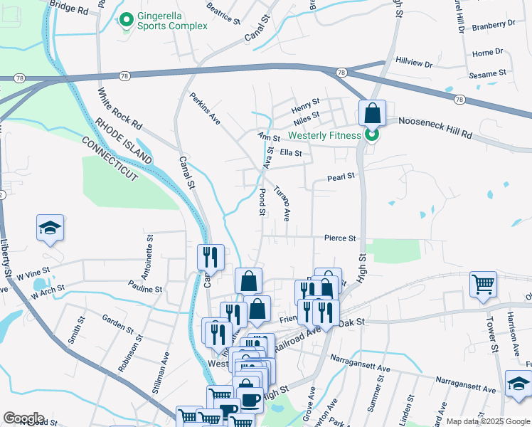 map of restaurants, bars, coffee shops, grocery stores, and more near 11 Pond Street in Westerly