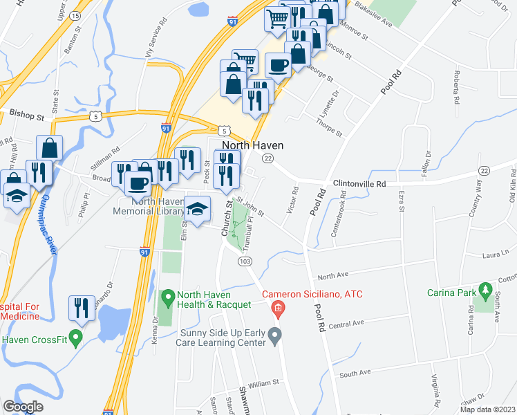 map of restaurants, bars, coffee shops, grocery stores, and more near 1 Trumbull Place in North Haven