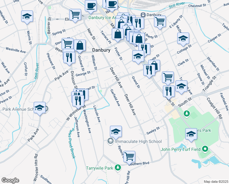 map of restaurants, bars, coffee shops, grocery stores, and more near 100 Garfield Avenue in Danbury