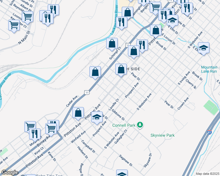 map of restaurants, bars, coffee shops, grocery stores, and more near 1908 Pittston Avenue in Scranton