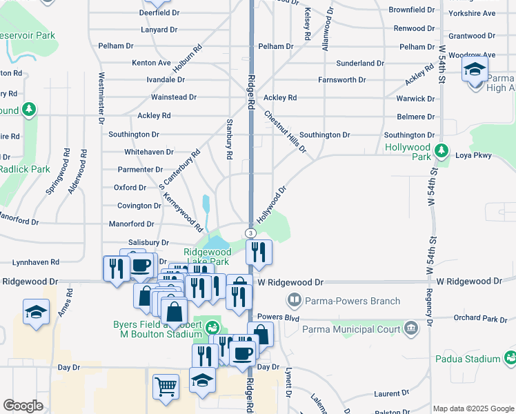 map of restaurants, bars, coffee shops, grocery stores, and more near 7268 Hollywood Drive in Parma