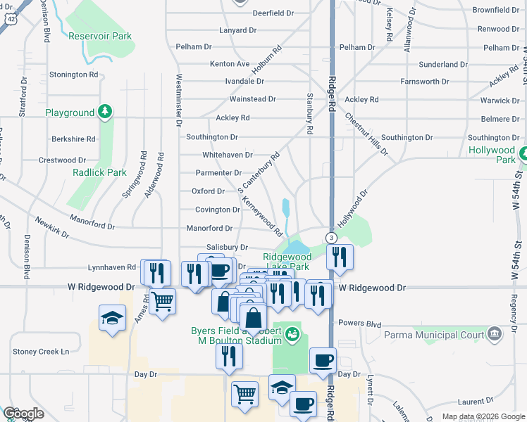 map of restaurants, bars, coffee shops, grocery stores, and more near 6473 South Canterbury Road in Parma