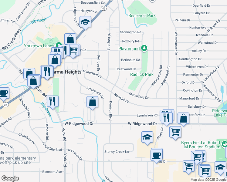 map of restaurants, bars, coffee shops, grocery stores, and more near 6467 Denison Boulevard in Parma Heights