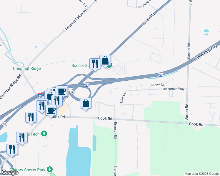 map of restaurants, bars, coffee shops, grocery stores, and more near 31200 Lily Lane in North Olmsted
