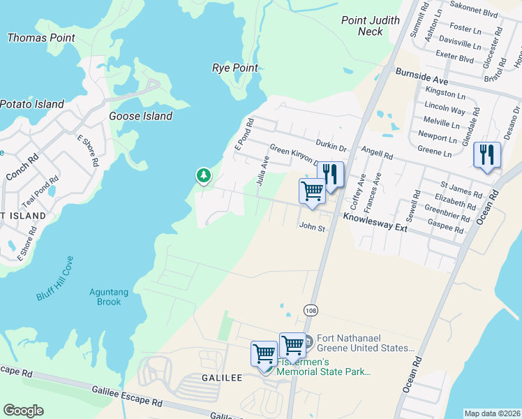 map of restaurants, bars, coffee shops, grocery stores, and more near 10 Jenny Ln in Narragansett