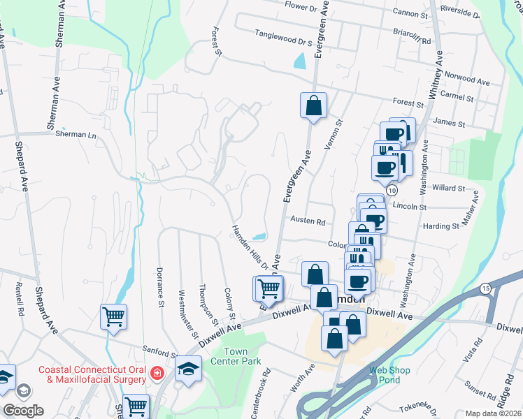 map of restaurants, bars, coffee shops, grocery stores, and more near 14 25 Hamden Hills Drive in Hamden