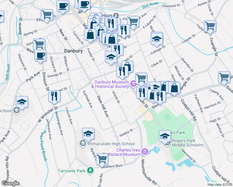 map of restaurants, bars, coffee shops, grocery stores, and more near 57 Grand St in Danbury