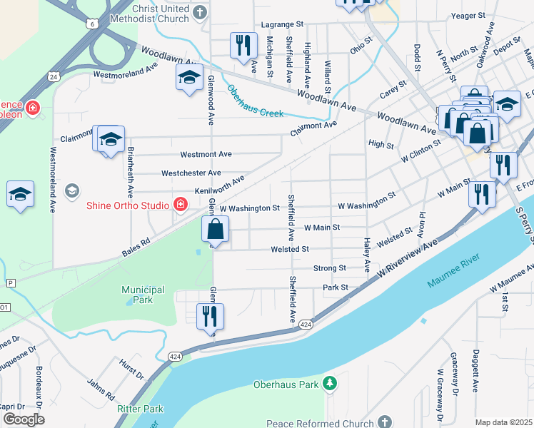 map of restaurants, bars, coffee shops, grocery stores, and more near 907 W Washington St in Napoleon