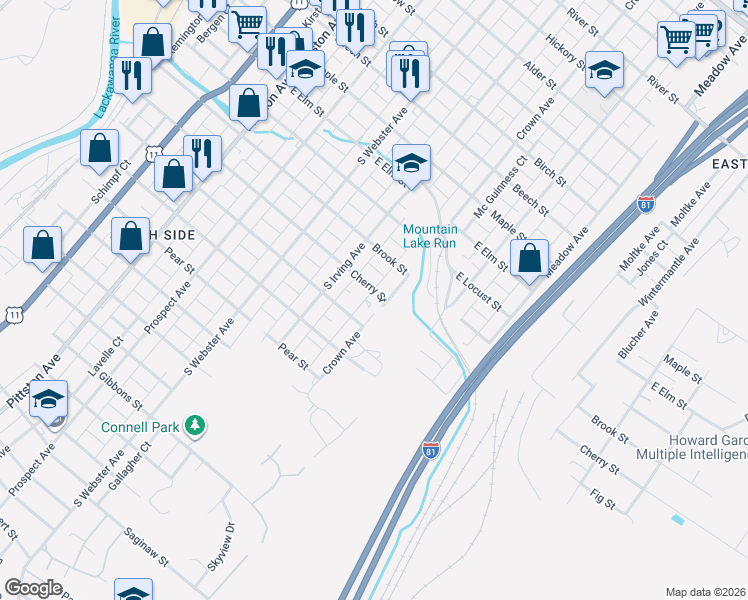 map of restaurants, bars, coffee shops, grocery stores, and more near 834 Cherry St in Scranton