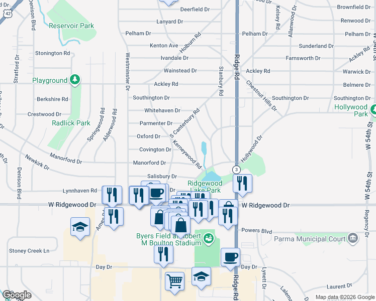 map of restaurants, bars, coffee shops, grocery stores, and more near 6473 South Canterbury Road in Parma