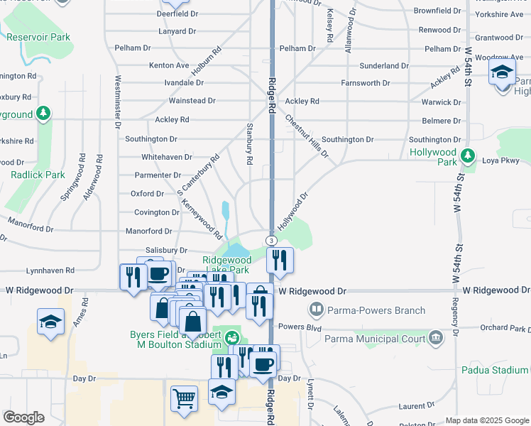 map of restaurants, bars, coffee shops, grocery stores, and more near 6468 Ridge Road in Parma