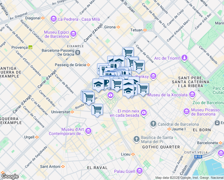 map of restaurants, bars, coffee shops, grocery stores, and more near 2 Passeig de Gràcia in Barcelona