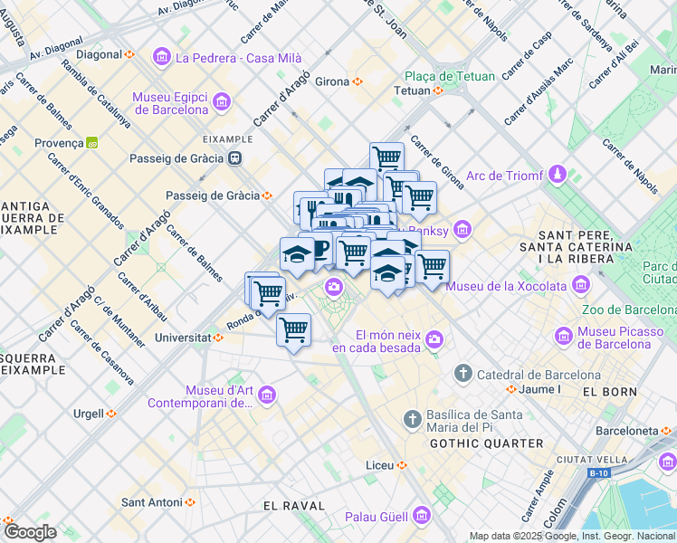 map of restaurants, bars, coffee shops, grocery stores, and more near 2 Passeig de Gràcia in Barcelona