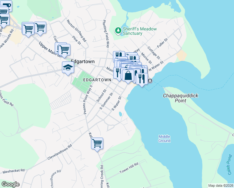 map of restaurants, bars, coffee shops, grocery stores, and more near 20 Cooke Street in Edgartown