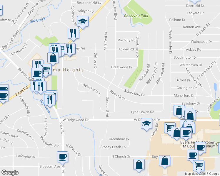 map of restaurants, bars, coffee shops, grocery stores, and more near 6467 Denison Blvd in Parma Heights