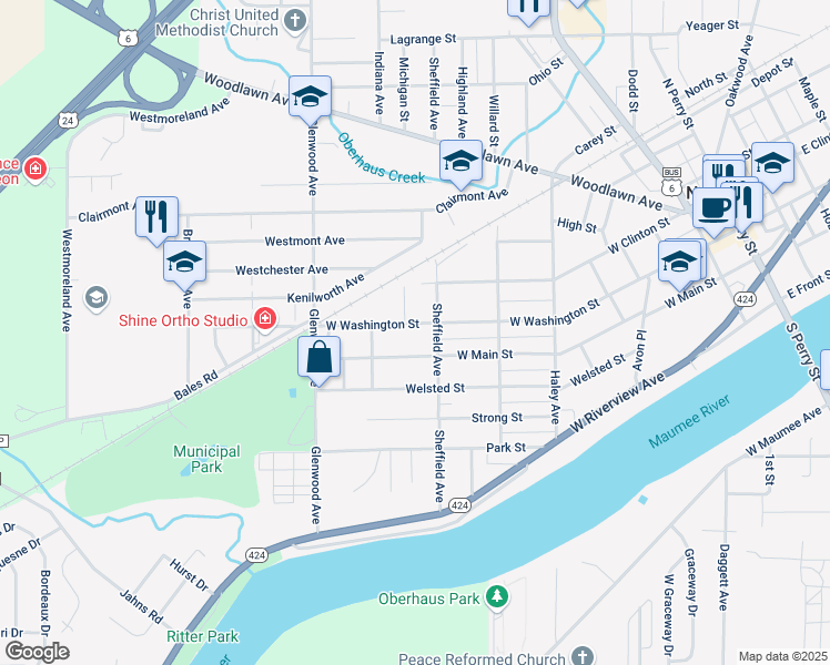 map of restaurants, bars, coffee shops, grocery stores, and more near 907 West Washington Street in Napoleon