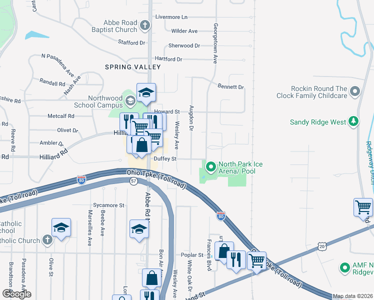 map of restaurants, bars, coffee shops, grocery stores, and more near 516 Augdon Dr in Elyria