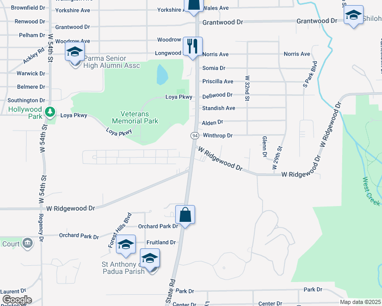map of restaurants, bars, coffee shops, grocery stores, and more near 6490 State Road in Parma