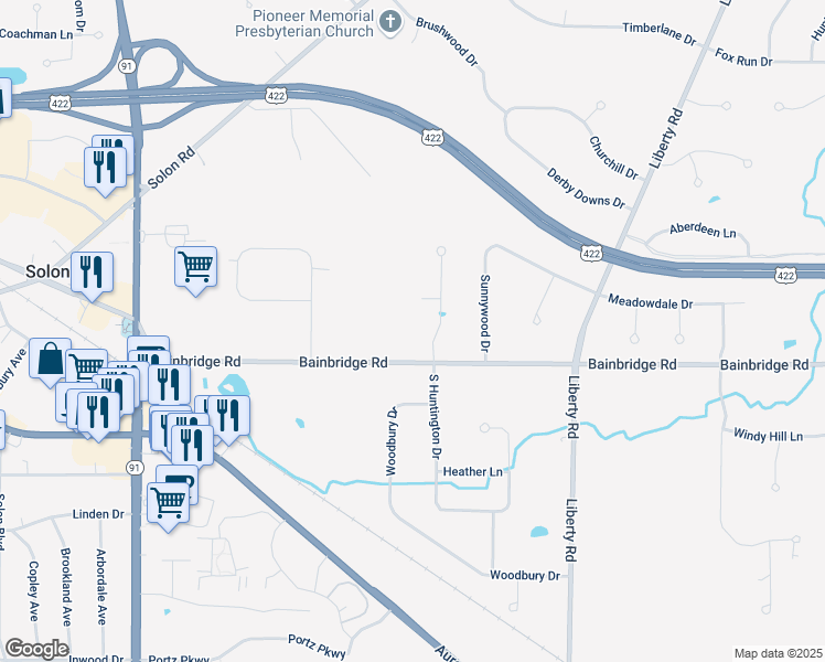map of restaurants, bars, coffee shops, grocery stores, and more near 35325 Bainbridge Road in Solon