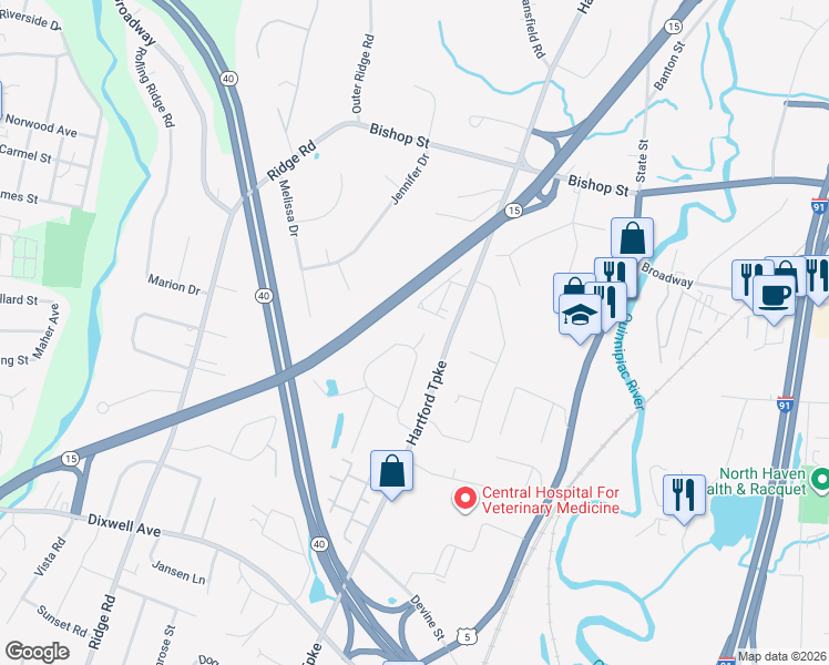 map of restaurants, bars, coffee shops, grocery stores, and more near 32D Marlen Drive in North Haven