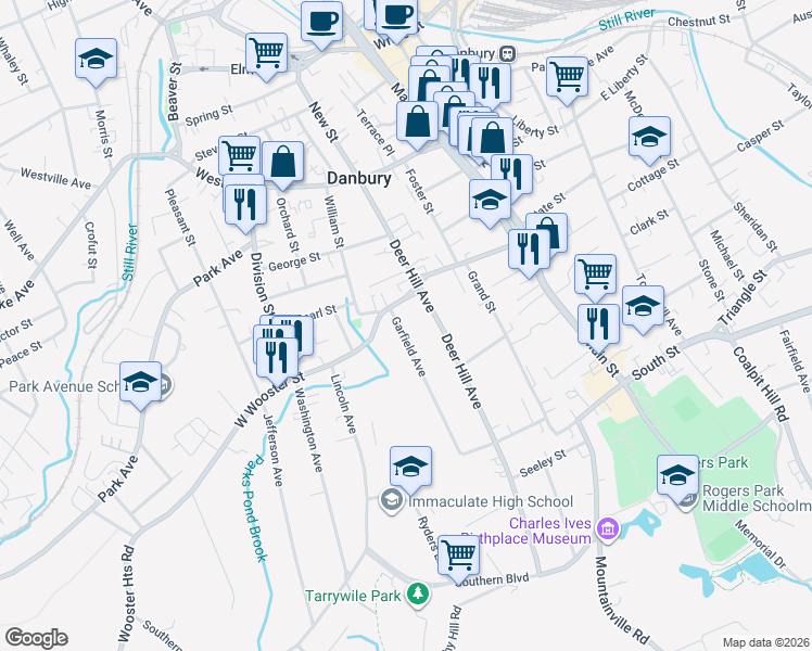 map of restaurants, bars, coffee shops, grocery stores, and more near 100 Garfield Avenue in Danbury