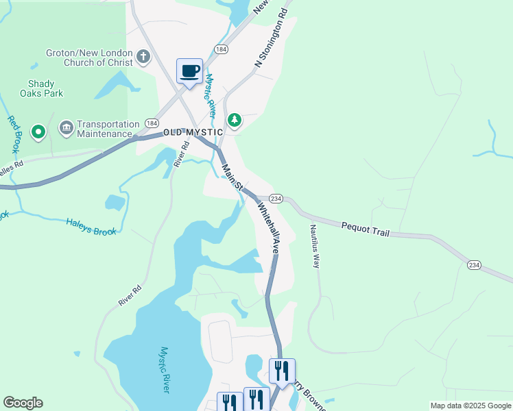 map of restaurants, bars, coffee shops, grocery stores, and more near 201 Whitehall Avenue in Stonington