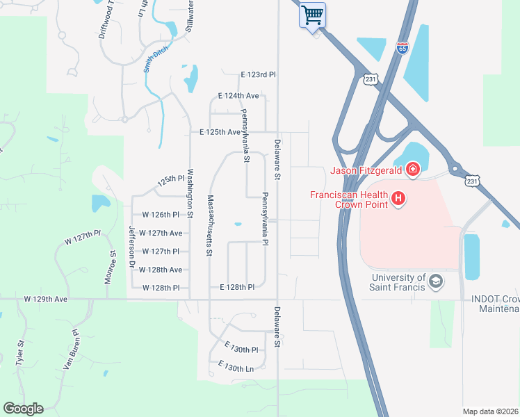 map of restaurants, bars, coffee shops, grocery stores, and more near 12662 Pennsylvania Place in Crown Point