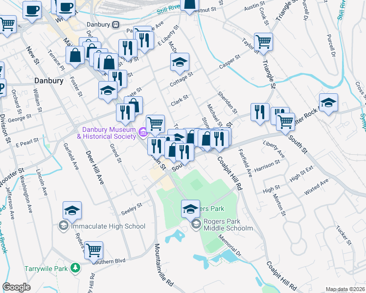 map of restaurants, bars, coffee shops, grocery stores, and more near 12 Town Hill Avenue in Danbury