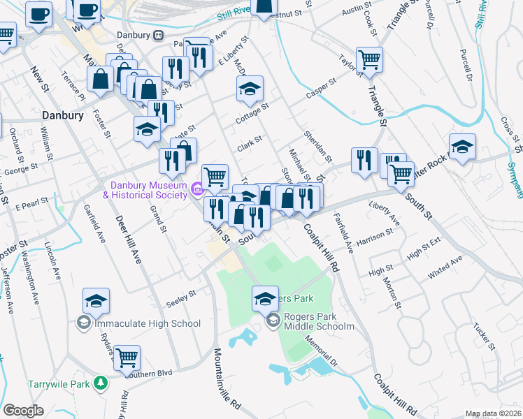 map of restaurants, bars, coffee shops, grocery stores, and more near 12 Town Hill Avenue in Danbury