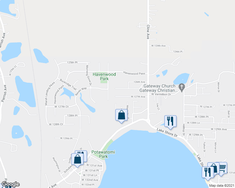 map of restaurants, bars, coffee shops, grocery stores, and more near 8326 West 127th Avenue in Cedar Lake