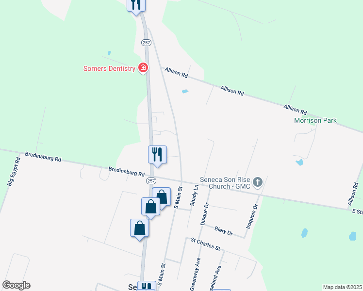 map of restaurants, bars, coffee shops, grocery stores, and more near 136 North Main Street in Seneca