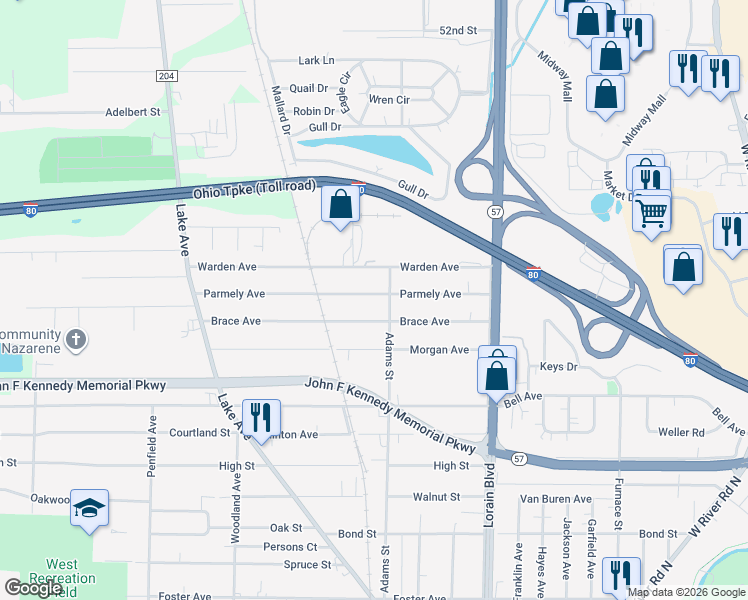 map of restaurants, bars, coffee shops, grocery stores, and more near 247 Parmely Avenue in Elyria