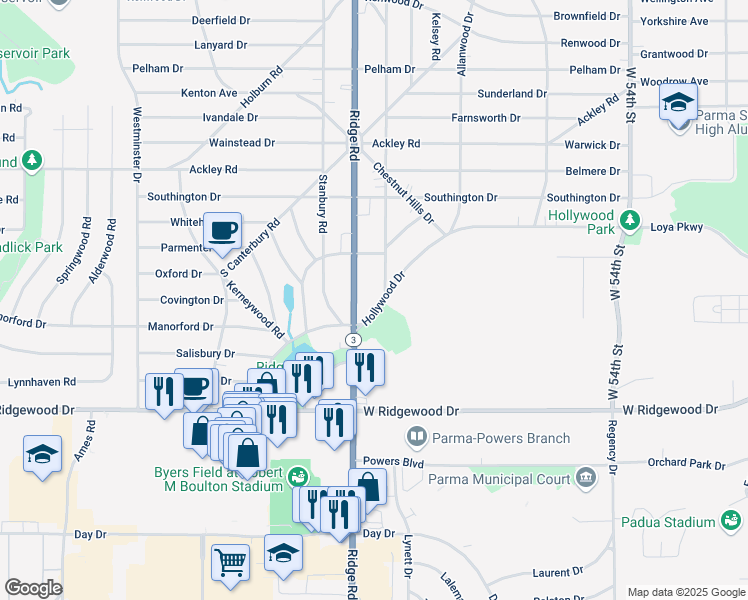 map of restaurants, bars, coffee shops, grocery stores, and more near 7268 Hollywood Dr in Parma