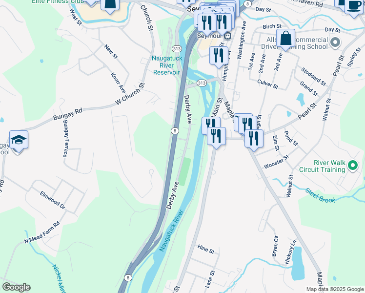 map of restaurants, bars, coffee shops, grocery stores, and more near 94 Derby Avenue in Seymour