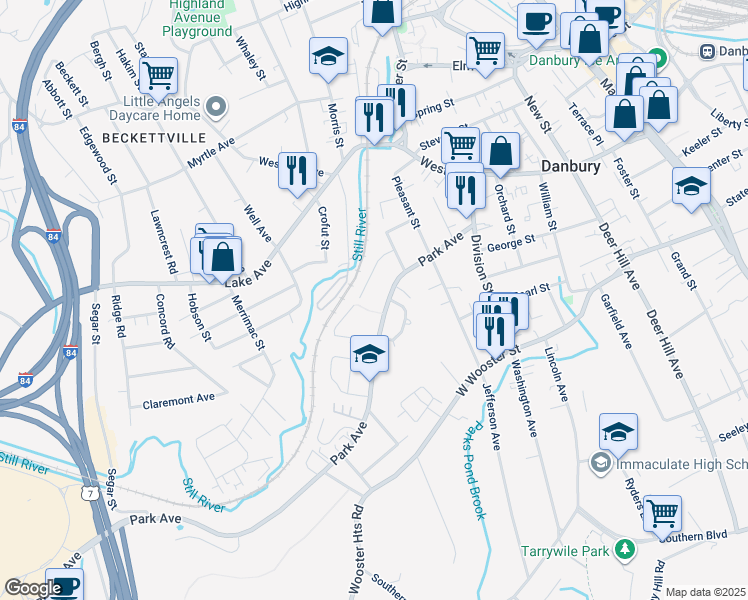 map of restaurants, bars, coffee shops, grocery stores, and more near 51 Park Avenue in Danbury