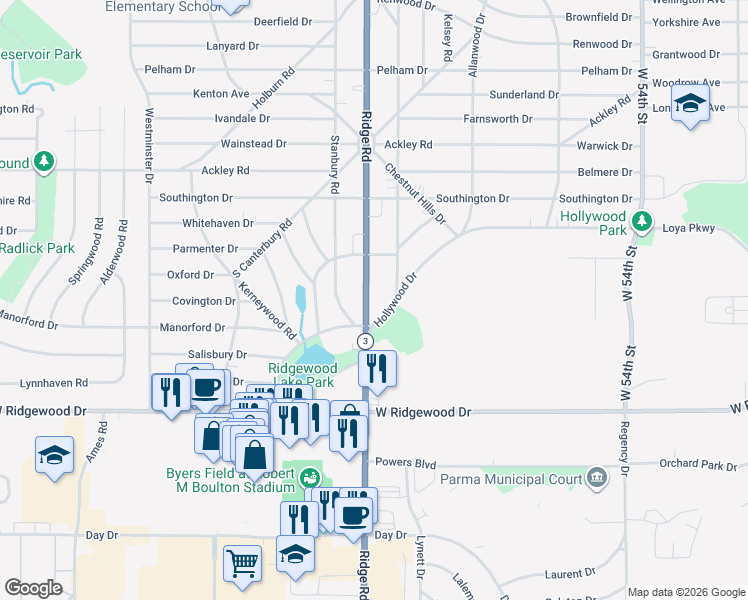 map of restaurants, bars, coffee shops, grocery stores, and more near 6468 Ridge Road in Parma