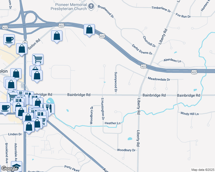 map of restaurants, bars, coffee shops, grocery stores, and more near 6281 North Huntington Drive in Solon