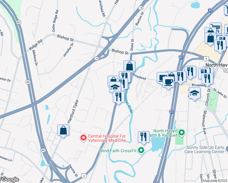 map of restaurants, bars, coffee shops, grocery stores, and more near 66 State Street in North Haven