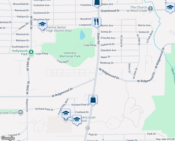 map of restaurants, bars, coffee shops, grocery stores, and more near 6490 State Road in Parma