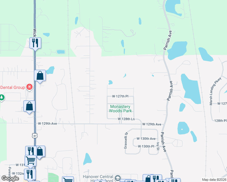 map of restaurants, bars, coffee shops, grocery stores, and more near 10131 West 127th Place in Cedar Lake