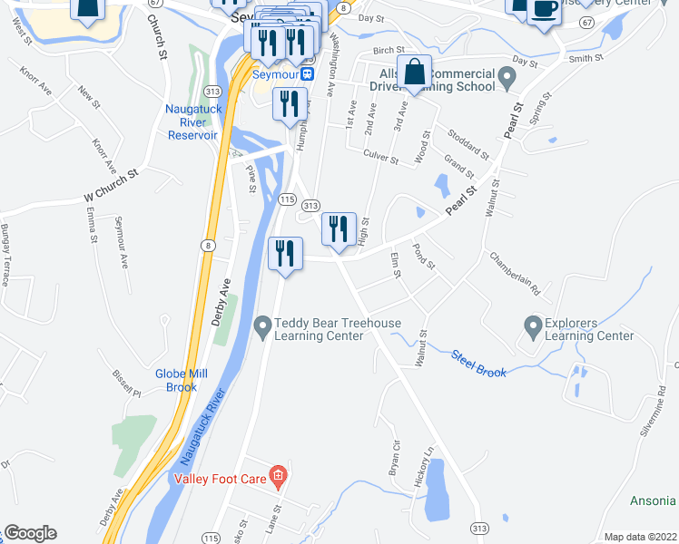 map of restaurants, bars, coffee shops, grocery stores, and more near 56 Maple Street in Seymour